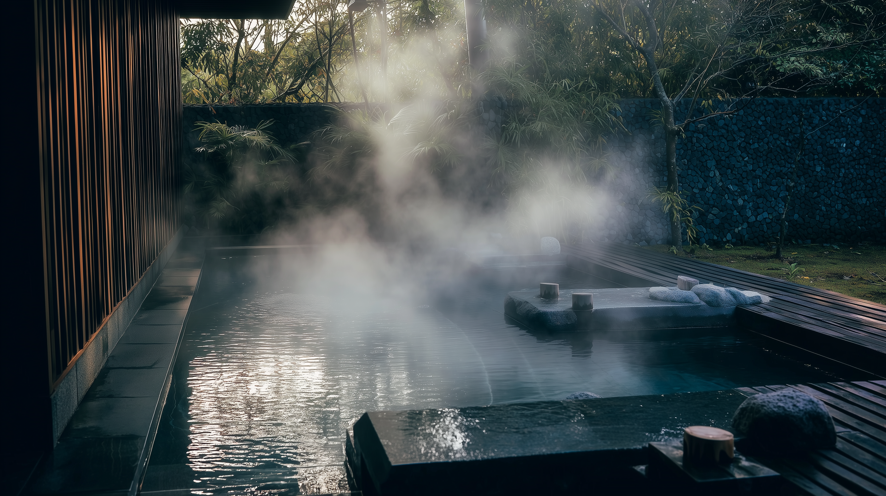Steam rising from an outdoor hot spring soaking pool surrounded by lush greenery and stone decking